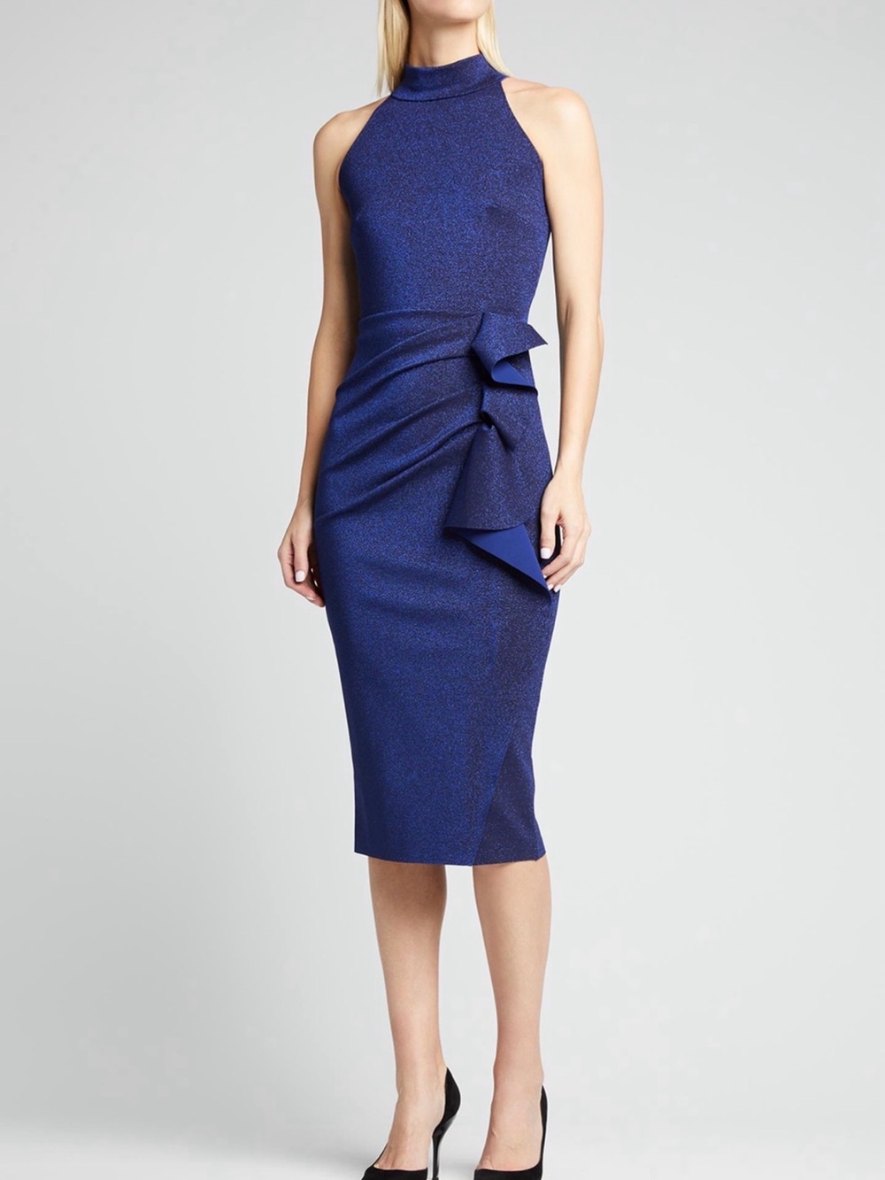 Chiara Boni La Petite Robe Gudrum Sugar Navy Sparkle Halter Ruffle Gown